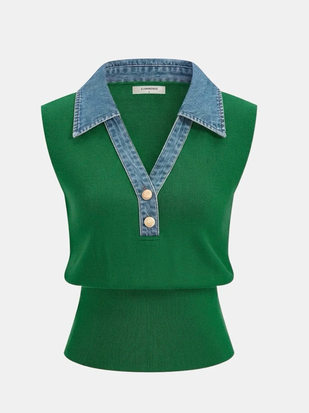 Denim Collar Metal Button Sleeveless Knit Vest Green size Medium/Women - Picture 5 of 6